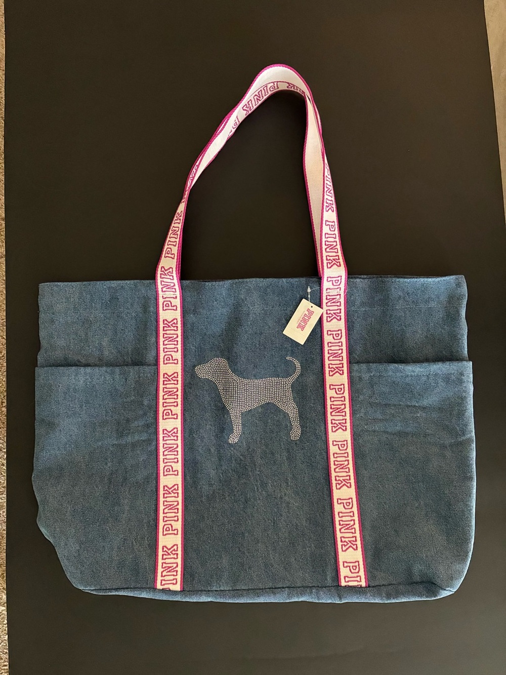 PINK Victoria's Secret Blue Denim Tote with Pink Logo Straps sparkling logo